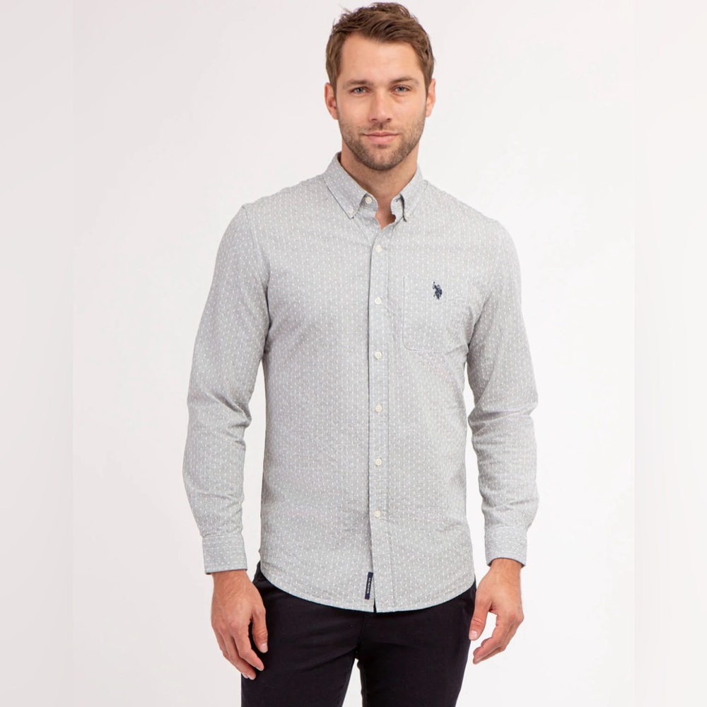 Men’s US Polo Grey And White Yarn Dobby Pattern Long Sleeve Button Down Small